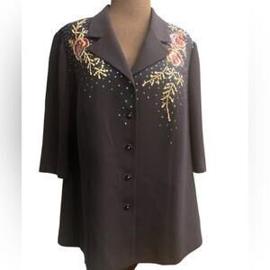 Vtg Black Floral Sequin Boho Glam Artsy Eclectic Party Shirt Jacket Shacket 2X